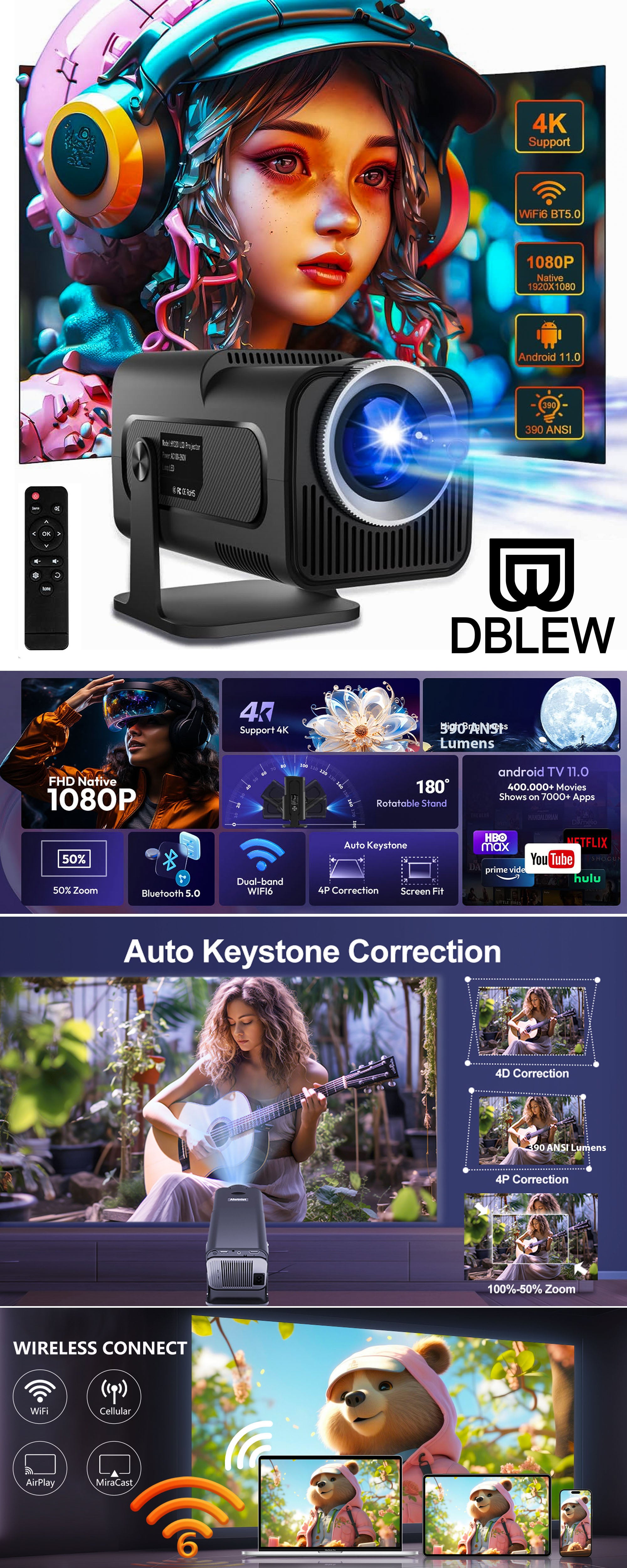 390ANSI Lumens HD Smart Projector Android 11 Portable Mini Cinema 130 Inches Screen Display Lamp 4K Home Movie Theater Gaming Video Presentations 180 Degree Rotating Screen Mobile Phone Projection