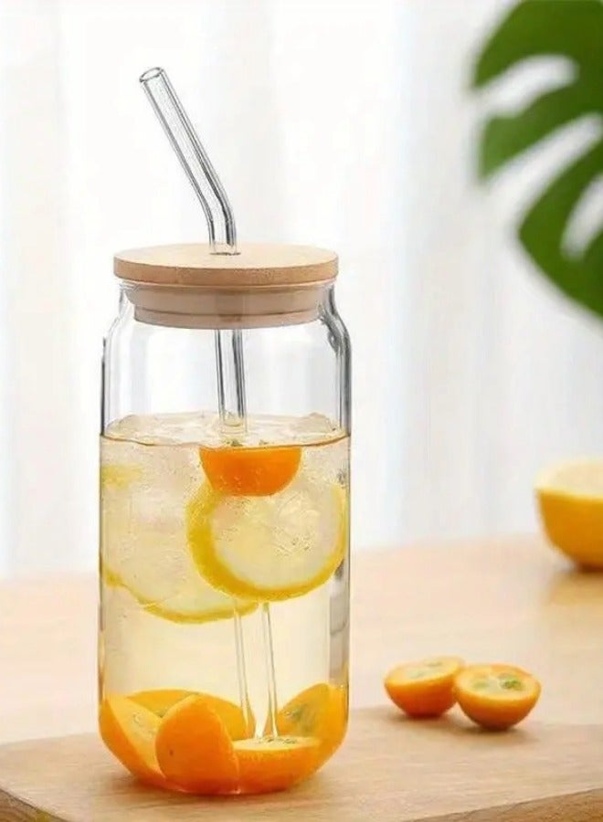 Borosilicate Drinking Glasses Set, Can Shaped Glass Cup with Bamboo Lid Straw and Cleaning Brush Set Of 4 550 ML