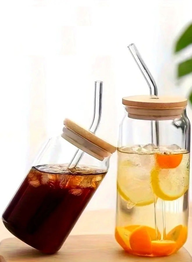 Borosilicate Drinking Glasses Set, Can Shaped Glass Cup with Bamboo Lid Straw and Cleaning Brush Set Of 4 550 ML