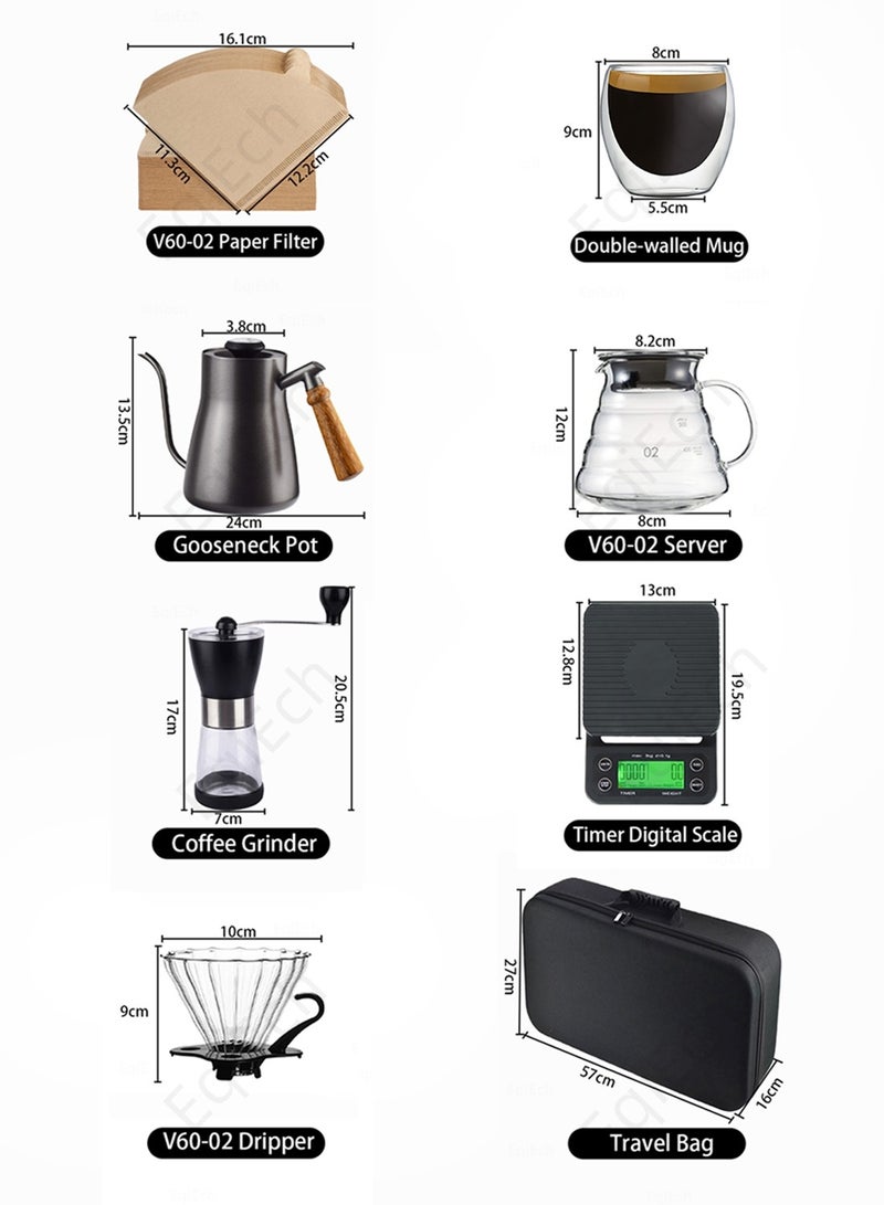 V60 Drip Coffee Set,7-Piece Hand Brewing Coffee Maker Set,Pour Over Coffee Machine Accessories Kit All In 1 Portable Travel Bag 57*16*27cm
