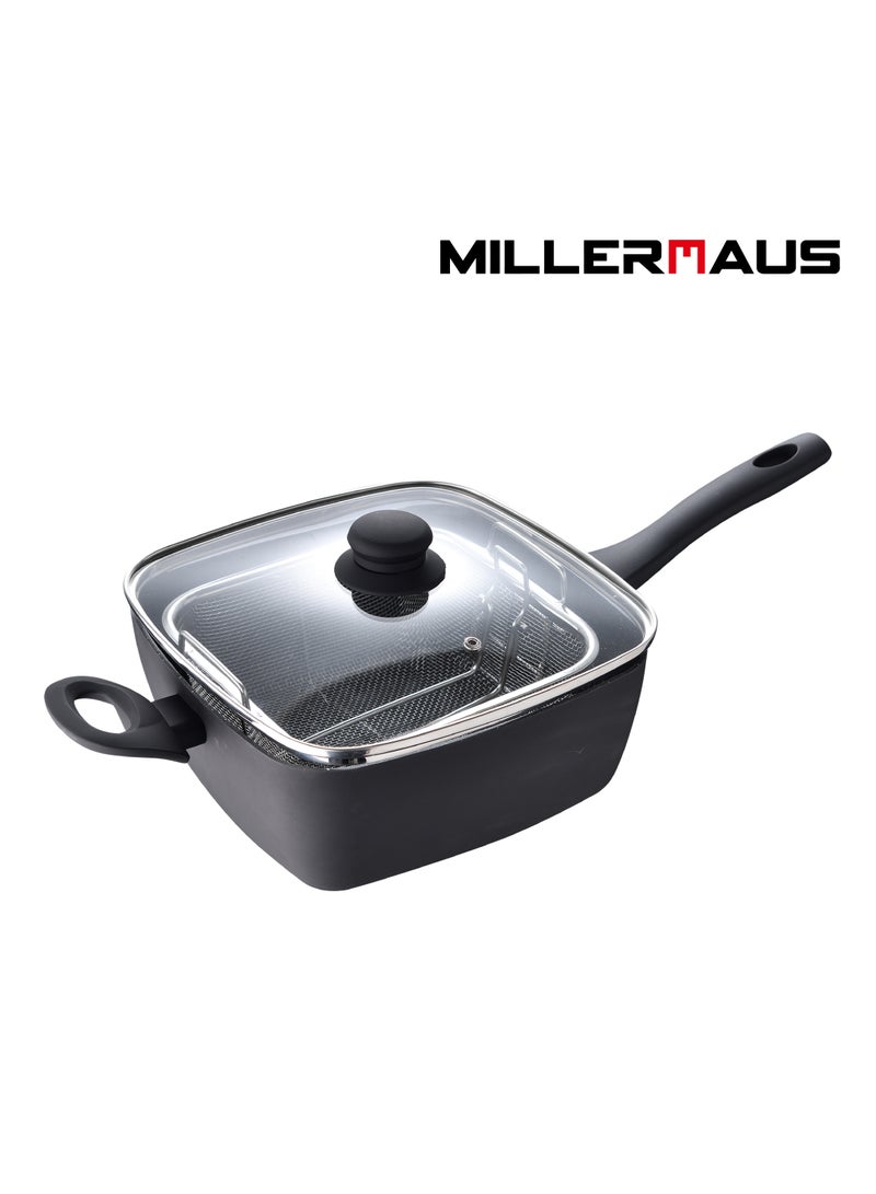 Square Pan With Lid Press Aluminium Marble Non-Stick Coating Soft Touch Handle and Foldable Stainless Steel Net Basket Black Color 25.8X25.5X13.3