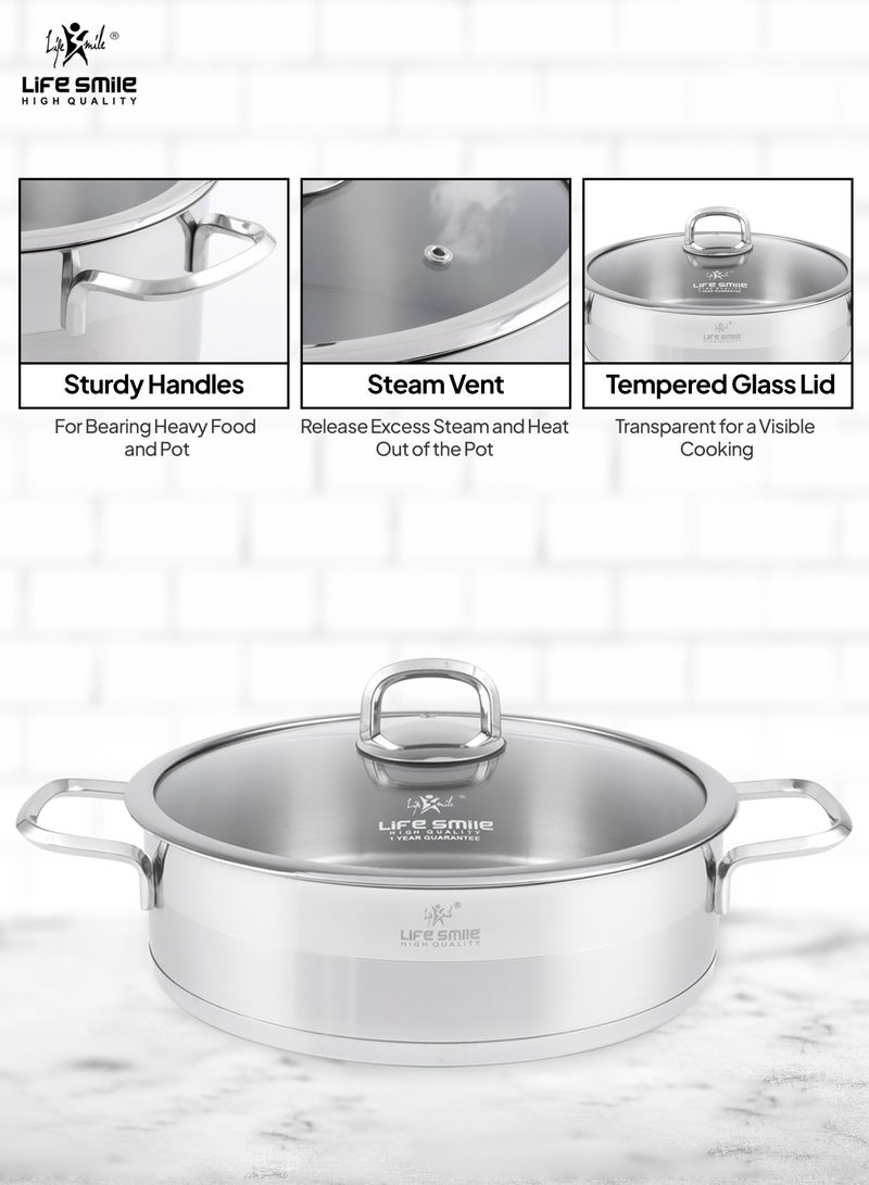 Premium 18/10 Stainless Steel Shallow Cooking Pot - Induction 3-Ply Thick Base Casserrole with Glass Lid for Even Heating Oven Safe Silver