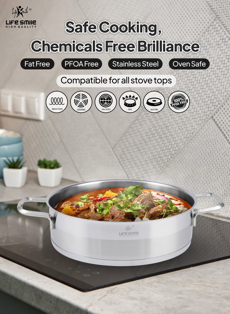 Premium 18/10 Stainless Steel Shallow Cooking Pot - Induction 3-Ply Thick Base Casserrole with Glass Lid for Even Heating Oven Safe Silver