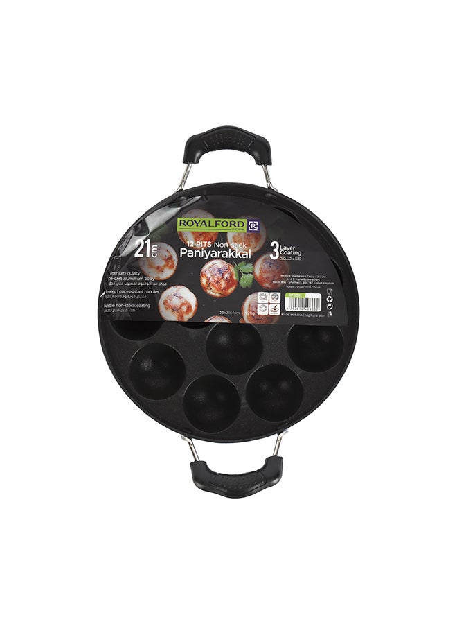 12 Pits Non-Stick 21 Cm Paniyarakkal, 3 Layer Coating, Premium Quality, Die Cast Aluminium Boday, Strong Heat-Resistant Handles, Durable Non-Stick Coating, Multi Color, Assorted Color, 31 X 21 X 4 Cm Multi Color 21cm