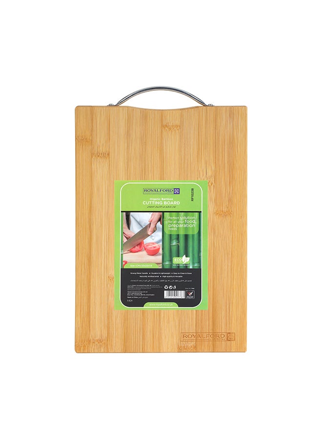 Organic Bamboo Cutting Board, Rf10238 - Strong Metal Handle - Durable & Lightweight - Antibacterial - Chopping Board For Meat And Vegetables Brown 32x22x1.6cm