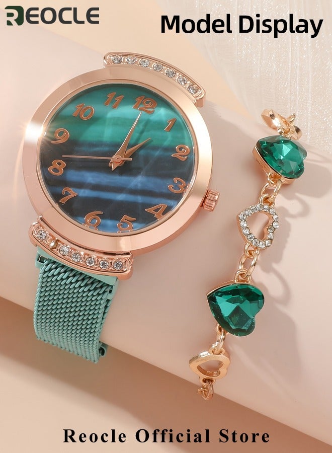 Women's Watch Bracelet Jewelry Set with Diamond Watch & Bracelet & Emerald Necklace & Earrings & Rings Premium Crystal Accented Bangle Watch and Bracelet Set for Ladies