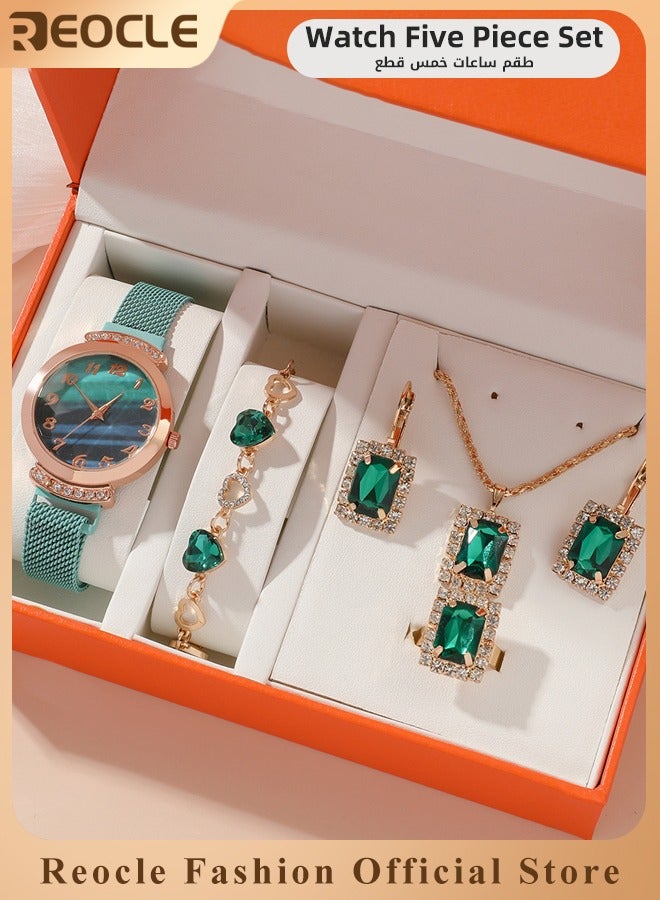 Women's Watch Bracelet Jewelry Set with Diamond Watch & Bracelet & Emerald Necklace & Earrings & Rings Premium Crystal Accented Bangle Watch and Bracelet Set for Ladies