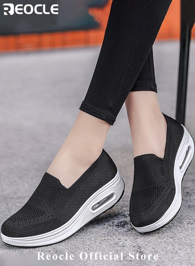 Women's Walking Shoes Slip On Casual Mesh-Comfortable Athletic Breathable Sneakers Thick-Soled Heightened Air Cushion Sports Shoes