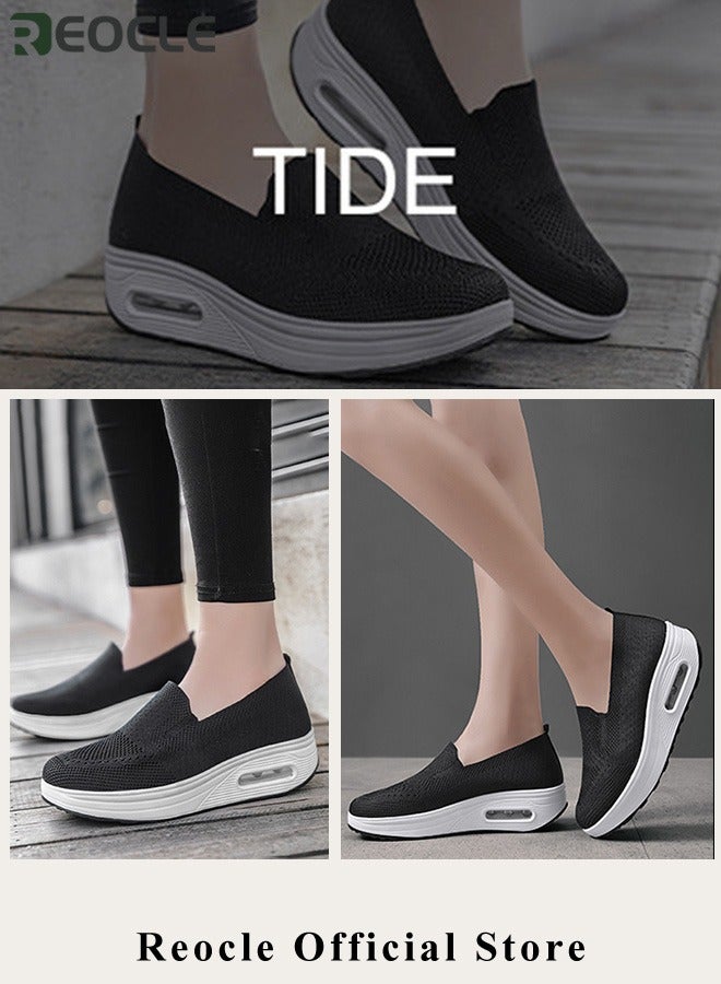 Women's Walking Shoes Slip On Casual Mesh-Comfortable Athletic Breathable Sneakers Thick-Soled Heightened Air Cushion Sports Shoes