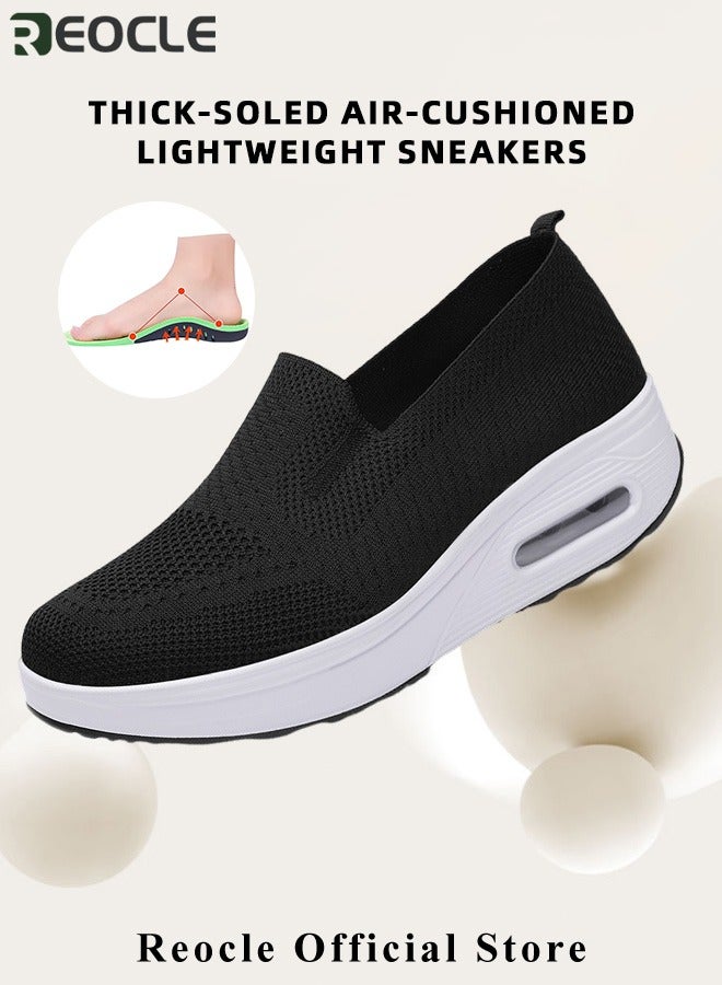 Women's Walking Shoes Slip On Casual Mesh-Comfortable Athletic Breathable Sneakers Thick-Soled Heightened Air Cushion Sports Shoes