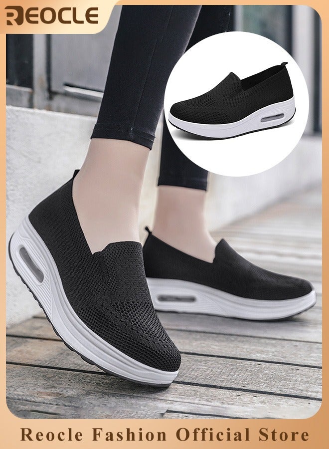 Women's Walking Shoes Slip On Casual Mesh-Comfortable Athletic Breathable Sneakers Thick-Soled Heightened Air Cushion Sports Shoes