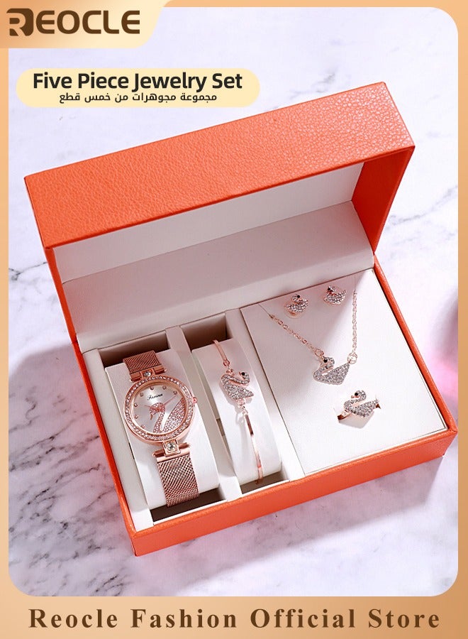 Women's Elegant Watch and Bracelet Set with Watch & Bracelet & Necklace & Ring & Earrings & Bracelet Jewelry Set Dress Wrist Watch for Ladies as Gifts