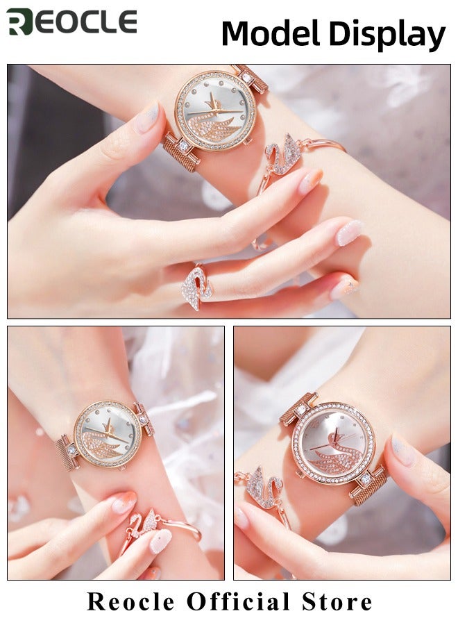 Women's Elegant Watch and Bracelet Set with Watch & Bracelet & Necklace & Ring & Earrings & Bracelet Jewelry Set Dress Wrist Watch for Ladies as Gifts