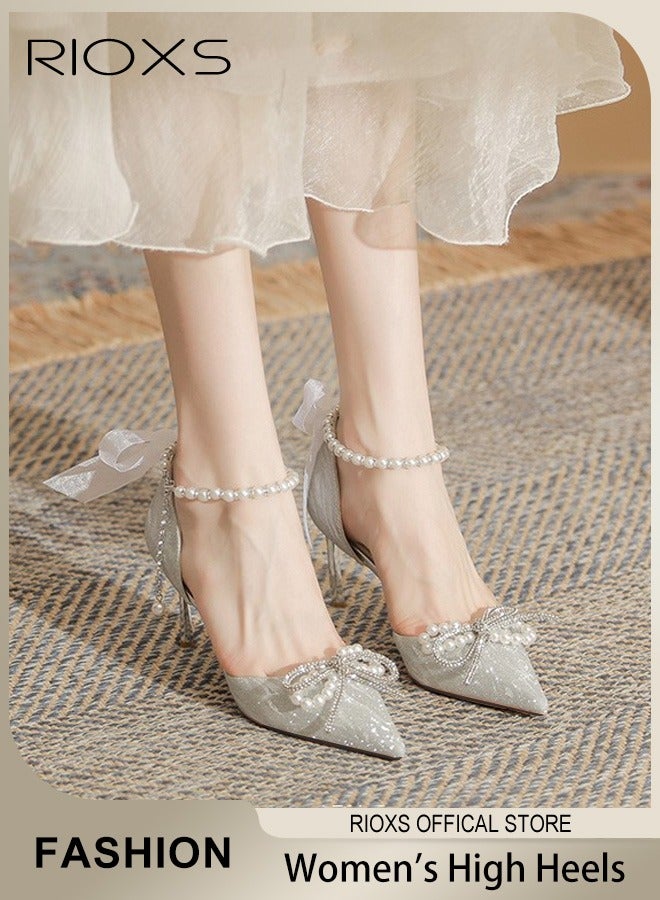 Women's Fashion Rhinestones High Heels Ankle Strap Pointed Closed Toe Chunky High Heel Pump for Wedding Party