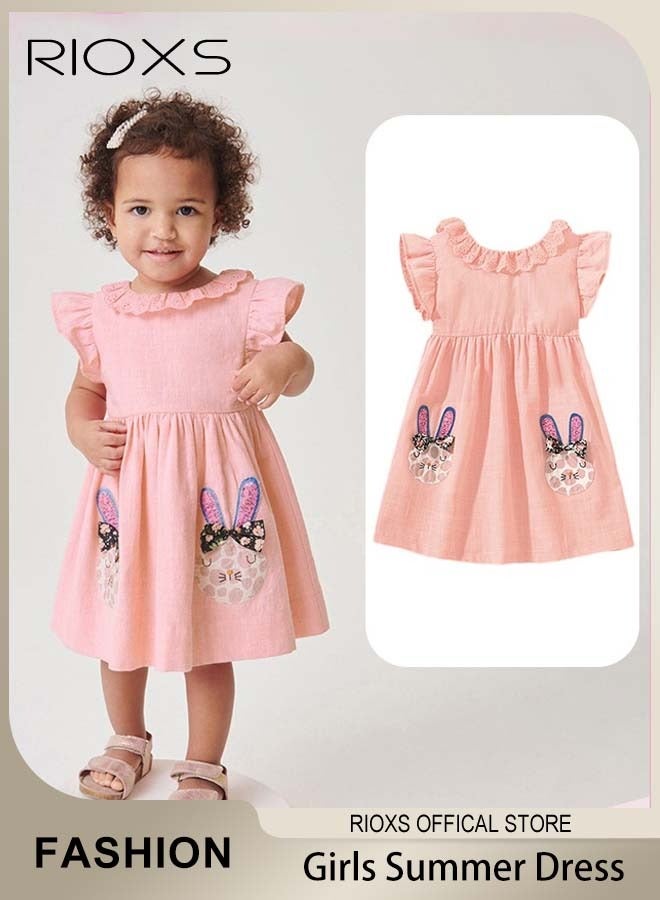 Girls A-line Dress, Round Neck Ruffle Sleeve Dress with Adorable Animal Patterns, Wonderful Summer Dresses for Girls, Comfortable to Wear, Suitable for Daily Wear, Vacation and Other Occasions, Great Gift Choice for Girls