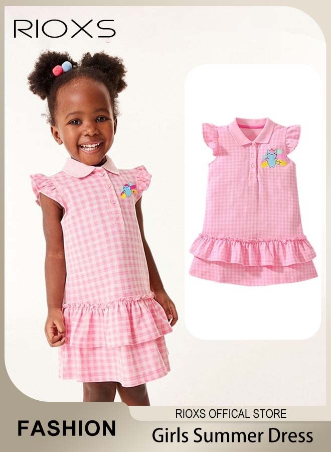 Girls Stylish A-line Dress, Button Up Ruffle Sleeve Dress with Adorable Patterns, Wonderful Summer Dresses for Girls, Comfortable to Wear, Suitable for Daily Wear, Vacation and Other Occasions, Great Gift Choice for Girls