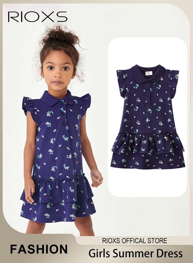 Girls Stylish A-line Dress, Button Up Ruffle Sleeve Dress with Adorable Patterns, Wonderful Summer Dresses for Girls, Comfortable to Wear, Suitable for Daily Wear, Vacation and Other Occasions, Great Gift Choice for Girls