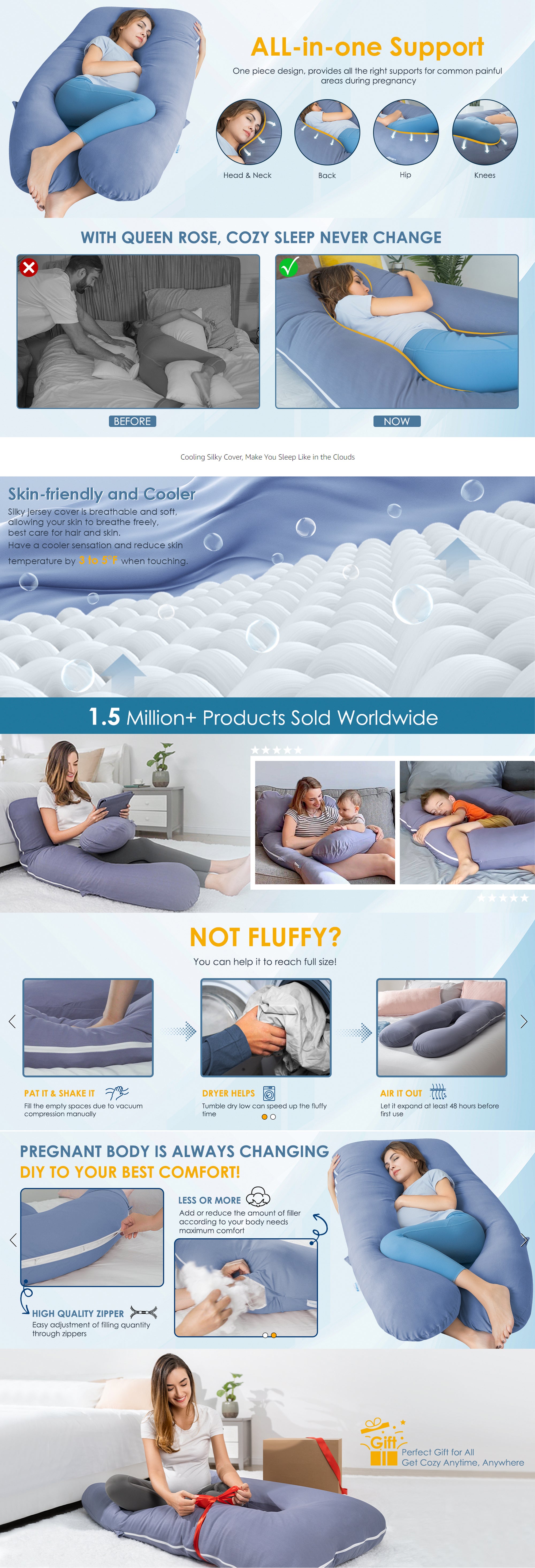 Pregnancy Pillows Cotton U Shaped Body Pillow for Sleeping, Comfortable Cooling Maternity Pillow for Pregnant Women Support Body Pain Relief Pillow