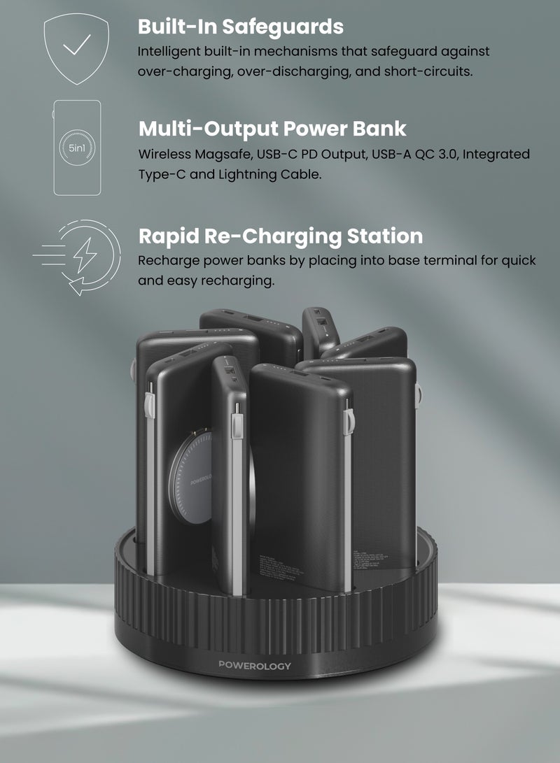 8in1 Power Station Terminal /10000mAh Each / PD 20W QC Wireless MagSafe Power Banks/ Rapid Re-Charging Station/Built-In Safeguards/ Built-In Cable /Base with Type-C and USB-A Output - Black