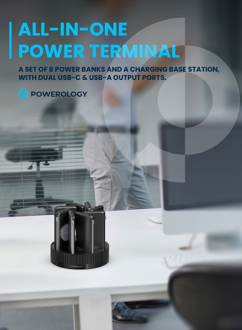 8in1 Power Station Terminal /10000mAh Each / PD 20W QC Wireless MagSafe Power Banks/ Rapid Re-Charging Station/Built-In Safeguards/ Built-In Cable /Base with Type-C and USB-A Output - Black