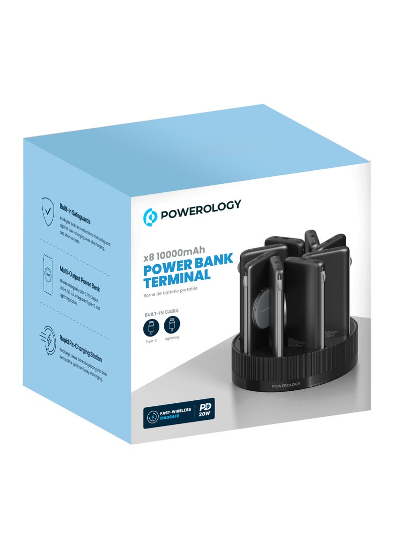 8in1 Power Station Terminal /10000mAh Each / PD 20W QC Wireless MagSafe Power Banks/ Rapid Re-Charging Station/Built-In Safeguards/ Built-In Cable /Base with Type-C and USB-A Output - Black