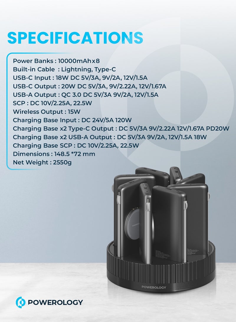 8in1 Power Station Terminal /10000mAh Each / PD 20W QC Wireless MagSafe Power Banks/ Rapid Re-Charging Station/Built-In Safeguards/ Built-In Cable /Base with Type-C and USB-A Output - Black