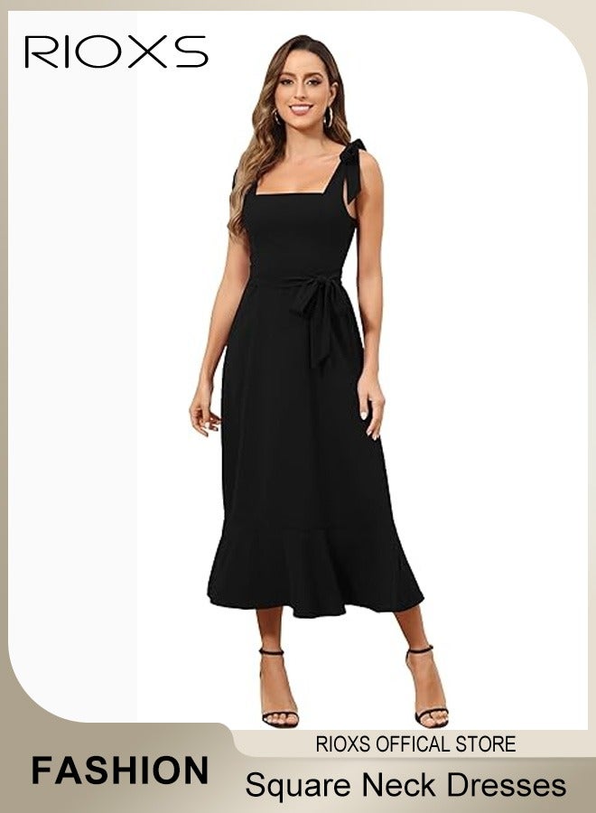 Women's Midi Dresses Square Neck Ruffle Dresses Straps Semi Formal Maxi Wedding Guest Dresses For Wedding Bridesmaid Evening Party Homecoming Dress