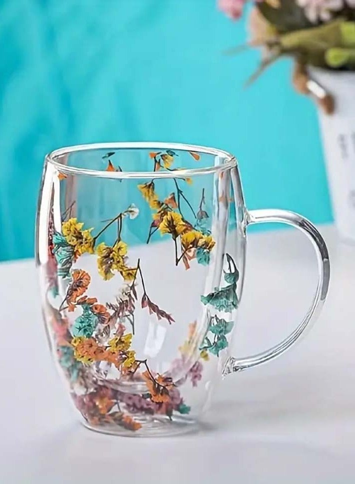 Borosilicate Double Wall Flower Glass Coffee Cups with Handle 350 ML (Set of 2)
