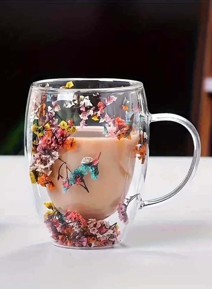 Borosilicate Double Wall Flower Glass Coffee Cups with Handle 350 ML (Set of 2)