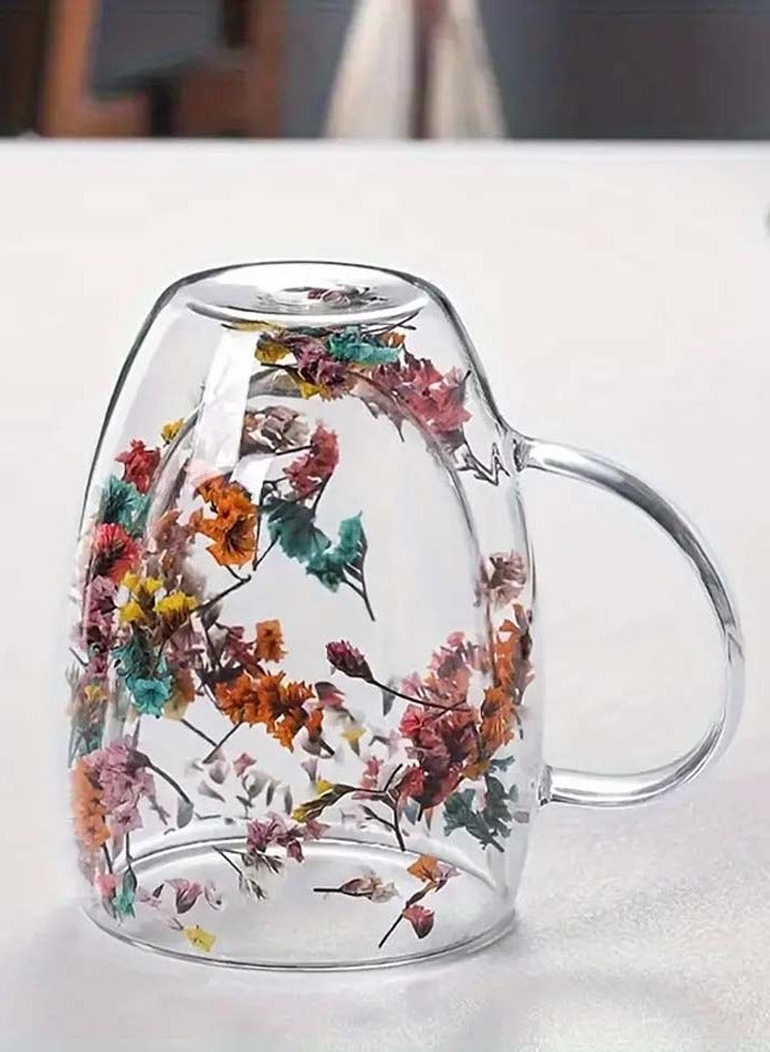 Borosilicate Double Wall Flower Glass Coffee Cups with Handle 350 ML (Set of 2)