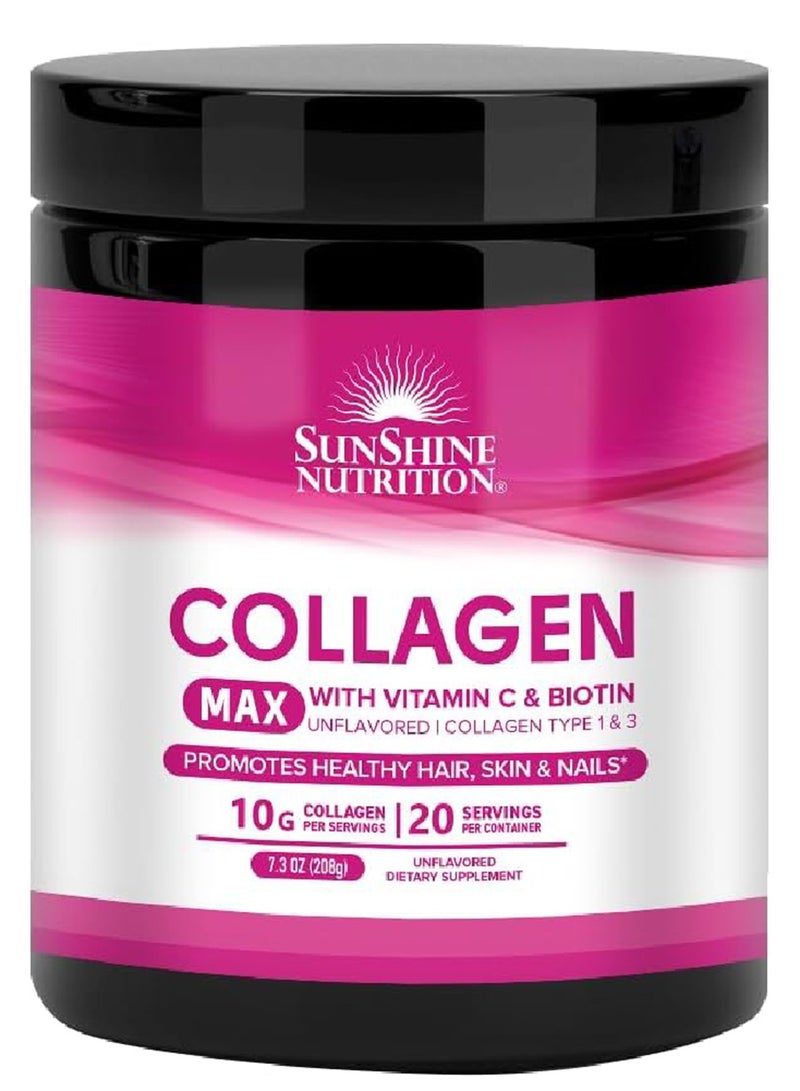 Collagen Max Infused With Vitamin C And Biotin Dietary Supplement Unflavoured Collagen Type 1 And 3 Promotes Healthy Hair, Skin And Nails 10G Collagen 20 Servings 208G