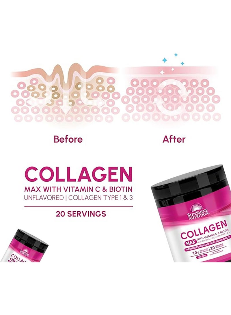 Collagen Max Infused With Vitamin C And Biotin Dietary Supplement Unflavoured Collagen Type 1 And 3 Promotes Healthy Hair, Skin And Nails 10G Collagen 20 Servings 208G