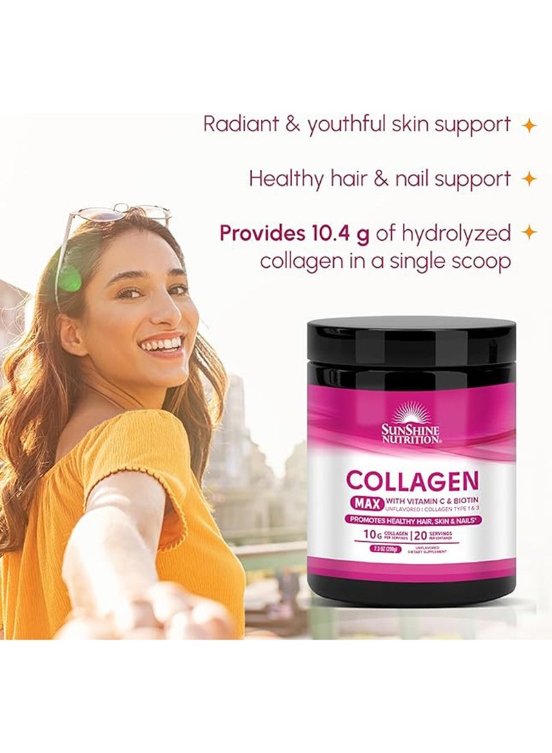 Collagen Max Infused With Vitamin C And Biotin Dietary Supplement Unflavoured Collagen Type 1 And 3 Promotes Healthy Hair, Skin And Nails 10G Collagen 20 Servings 208G