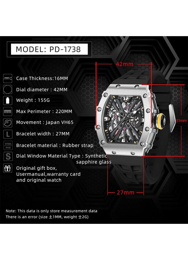 Men's Quartz Watches Stainless Steel Waterproof Tonneau Wrist Watch for Men with Japan VH65 Movement Silicone Watchband PD1738