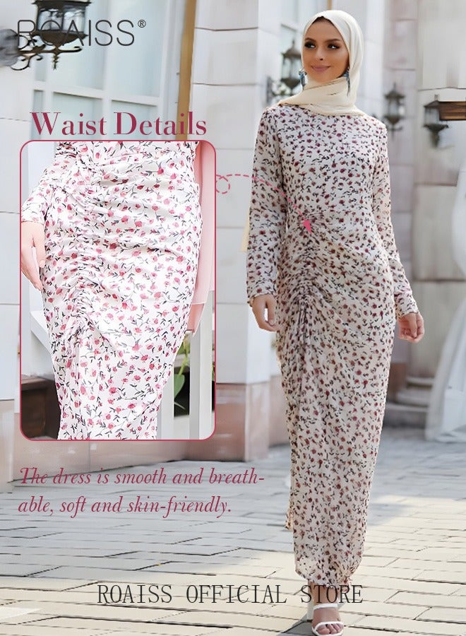 Women's Dress Simple Floral Long-Sleeve Long Dress Sweet Breathable Chiffon Shirring Design for Ladies Casual Outfit