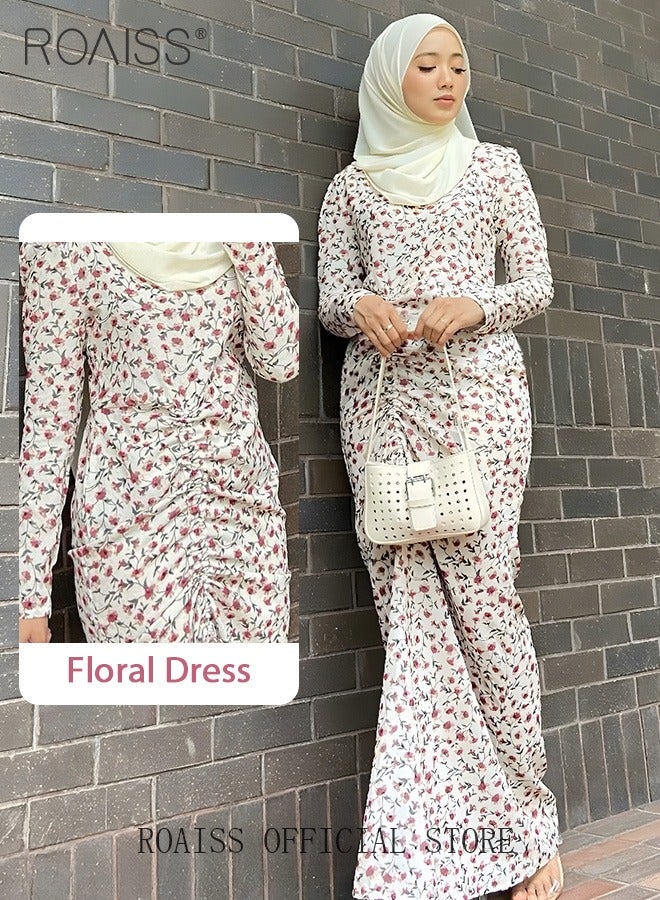 Women's Dress Simple Floral Long-Sleeve Long Dress Sweet Breathable Chiffon Shirring Design for Ladies Casual Outfit