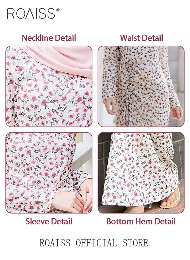 Women's Dress Simple Floral Long-Sleeve Long Dress Sweet Breathable Chiffon Shirring Design for Ladies Casual Outfit