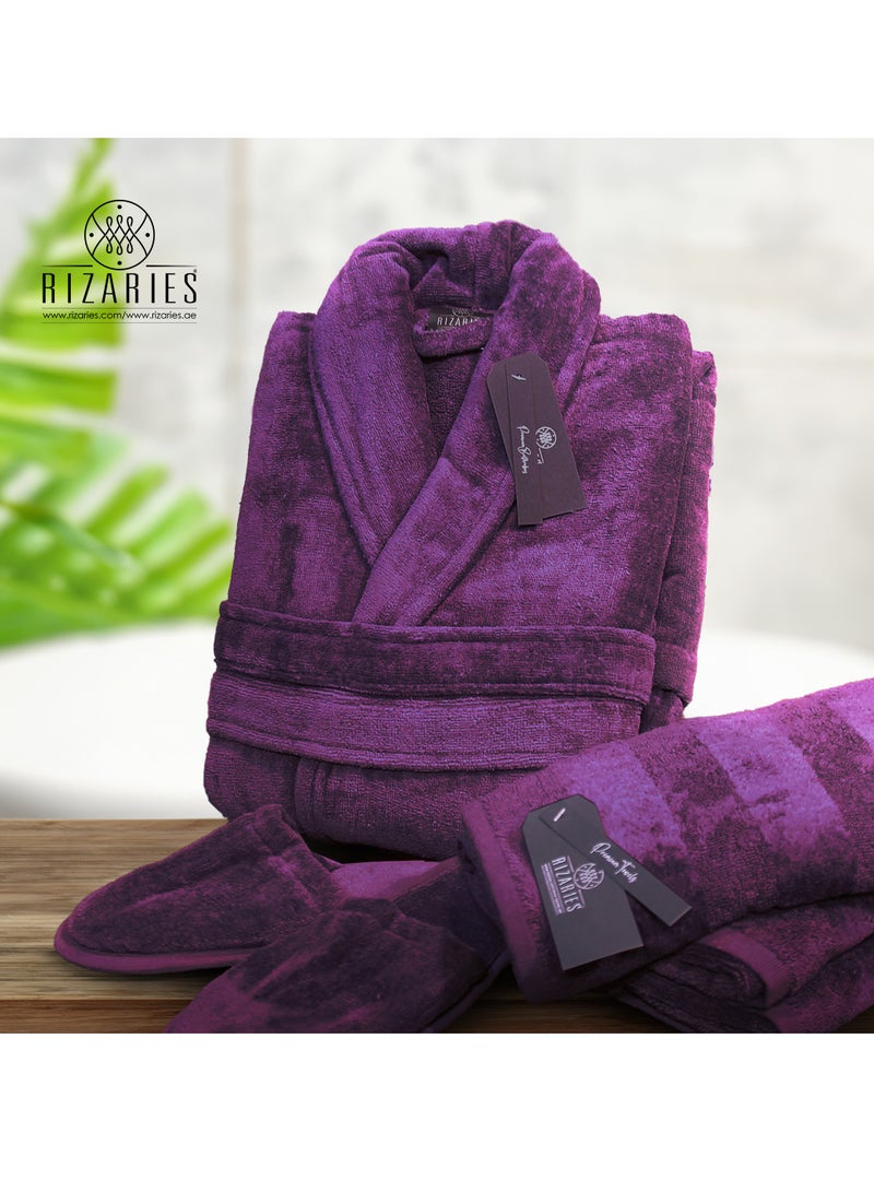 Couple Luxury Bathrobe Set Purple & White 2 Velour Bathrobe, 2 Velour Slippers - Unisex