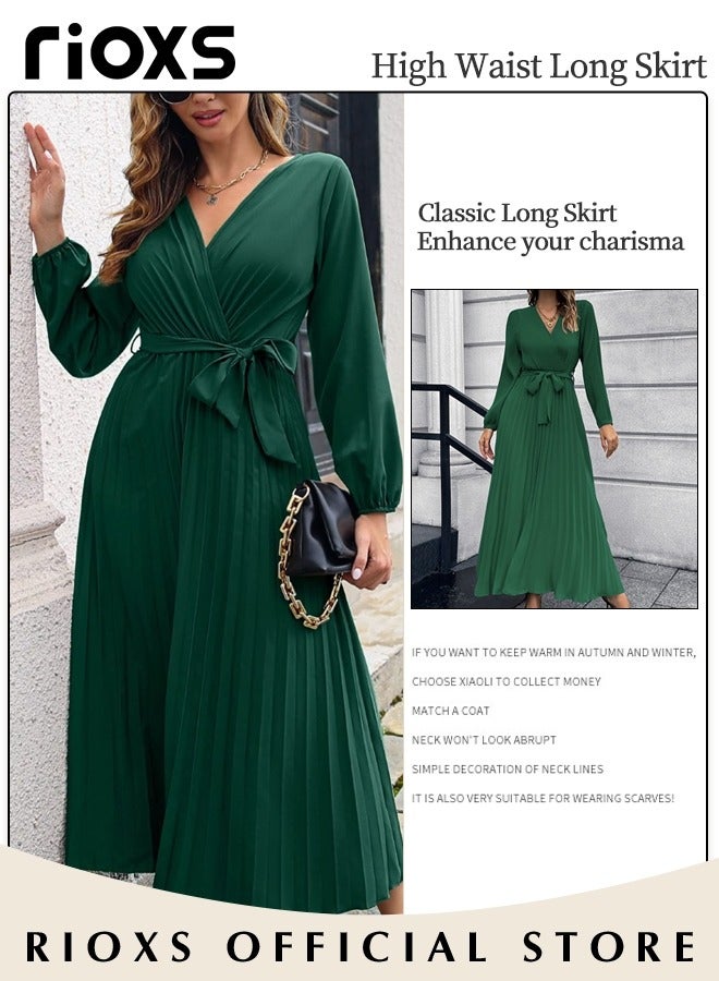 Women's Dresses,Casual Long Sleeve Maxi Dress,Ladies V-Neck Fall Dress With Belted,Relaxed Fit Flowy Maxi Dresses, A-Line Wrap Dress For Party/Wedding/Feast/Business/Daily Wear