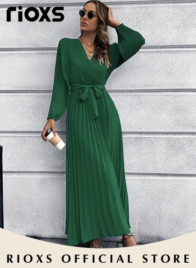 Women's Dresses,Casual Long Sleeve Maxi Dress,Ladies V-Neck Fall Dress With Belted,Relaxed Fit Flowy Maxi Dresses, A-Line Wrap Dress For Party/Wedding/Feast/Business/Daily Wear