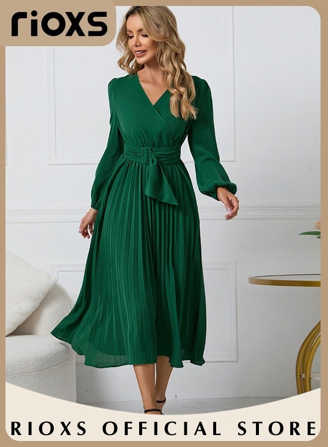 Women's Dresses,Casual Long Sleeve Maxi Dress,Ladies V-Neck Fall Dress With Belted,Relaxed Fit Flowy Maxi Dresses, A-Line Wrap Dress For Party/Wedding/Feast/Business/Daily Wear