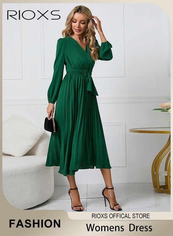 Women's Dresses,Casual Long Sleeve Maxi Dress,Ladies V-Neck Fall Dress With Belted,Relaxed Fit Flowy Maxi Dresses, A-Line Wrap Dress For Party/Wedding/Feast/Business/Daily Wear