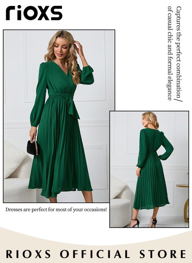 Women's Dresses,Casual Long Sleeve Maxi Dress,Ladies V-Neck Fall Dress With Belted,Relaxed Fit Flowy Maxi Dresses, A-Line Wrap Dress For Party/Wedding/Feast/Business/Daily Wear