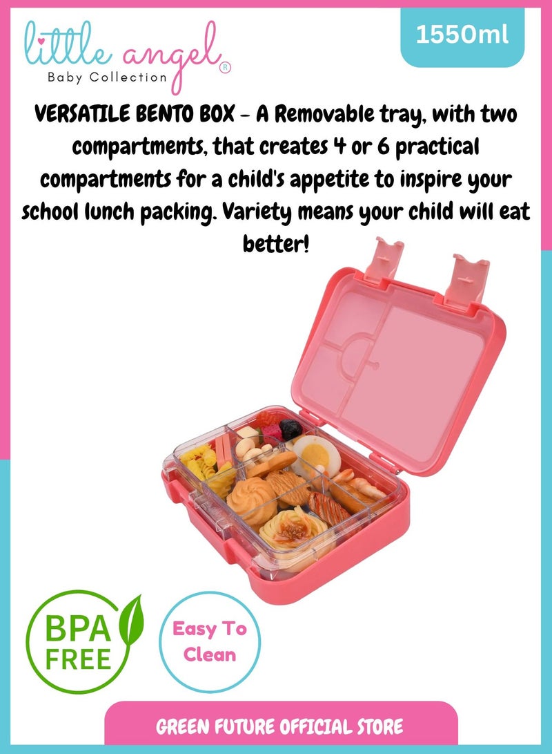 Kids Lunch Box - 6 Compartment Leak Proof Bento Box, Perfect for School- Pink