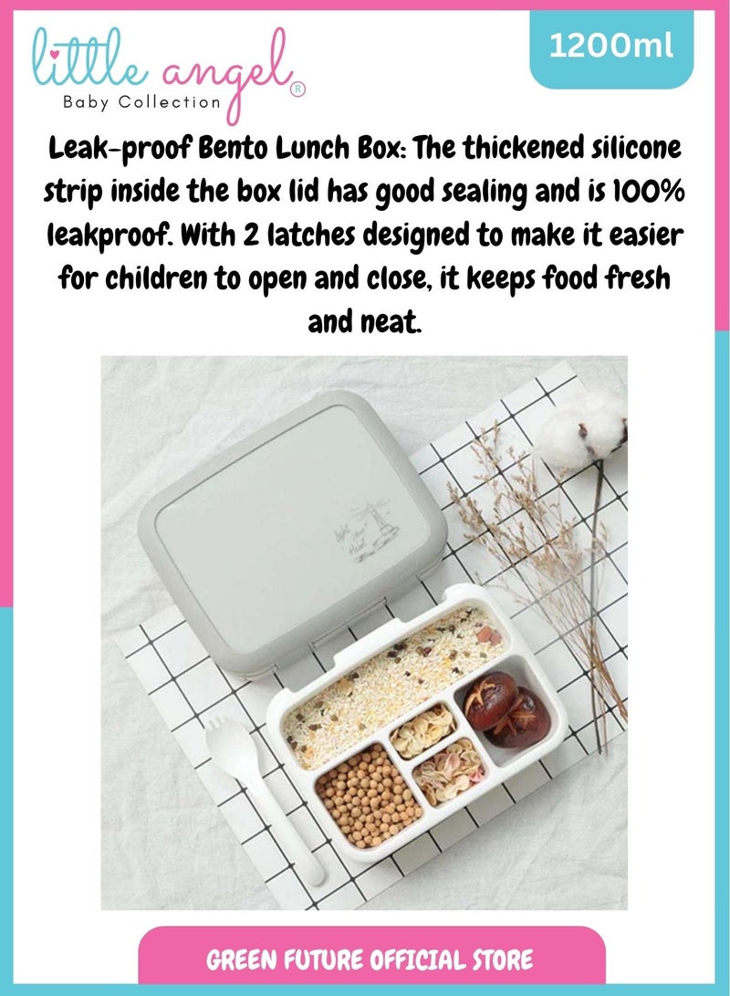 Kids Lunch Box - Leakproof Portable Bento Box with 4 Compartments, 1200 ML, Perfect for School -Grey