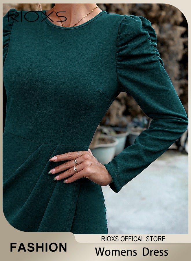 Women's Dresses Long Sleeve Crew Neck Knee-high Dress Ruffle Shoulders Waist Slimming Hip Wrap Dress Casual Work Party Midi Dress For Ladies Women