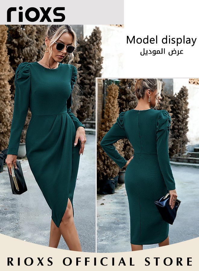 Women's Dresses Long Sleeve Crew Neck Knee-high Dress Ruffle Shoulders Waist Slimming Hip Wrap Dress Casual Work Party Midi Dress For Ladies Women