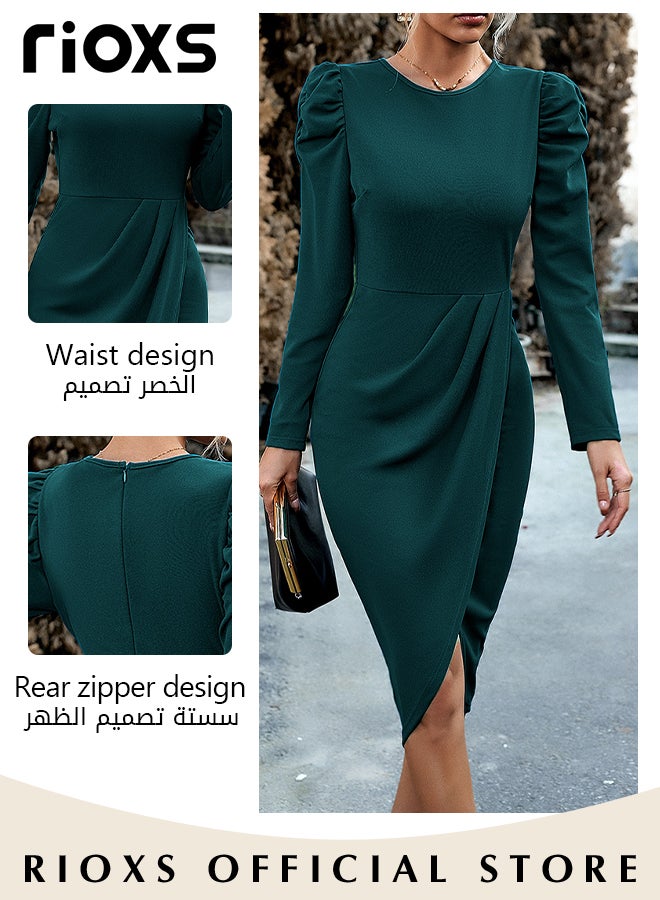 Women's Dresses Long Sleeve Crew Neck Knee-high Dress Ruffle Shoulders Waist Slimming Hip Wrap Dress Casual Work Party Midi Dress For Ladies Women