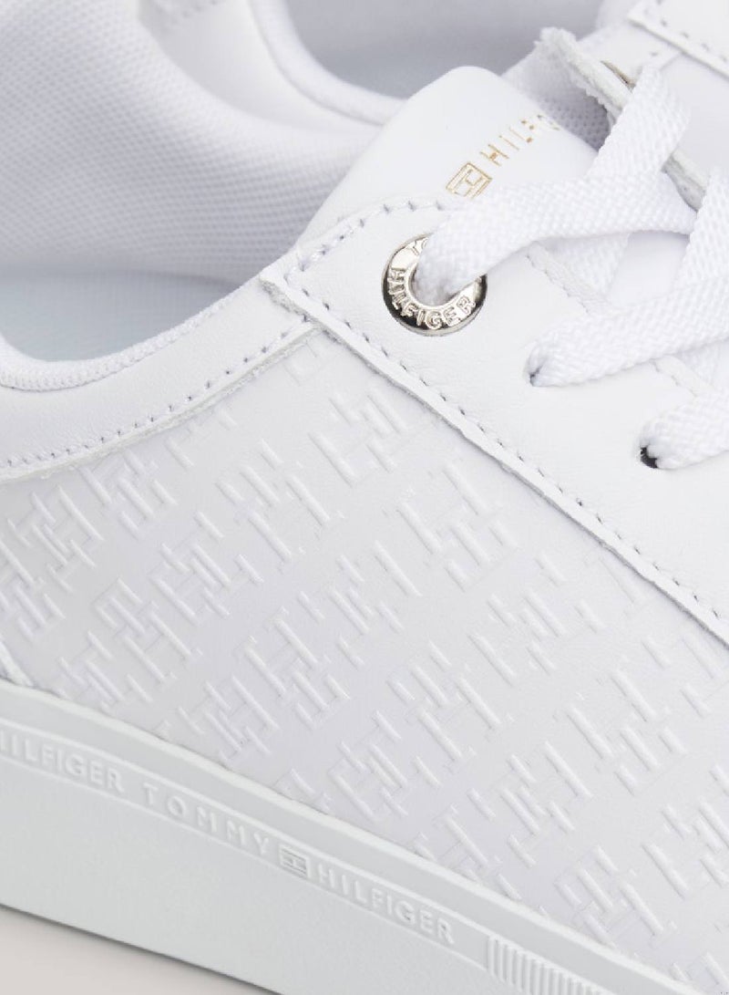 Women's Th Monogram Leather Mixed Texture Trainers -  Leather upper, White