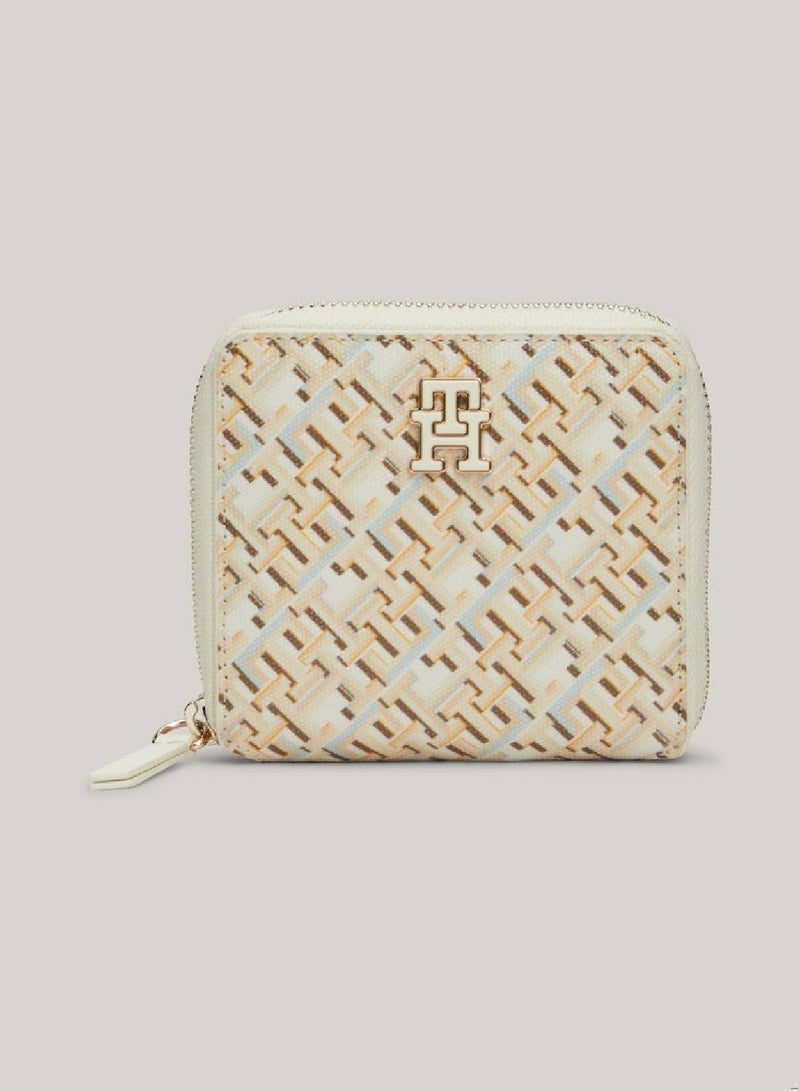 Women's Zip-Around Coin Wallet -  Pure cotton, Beige